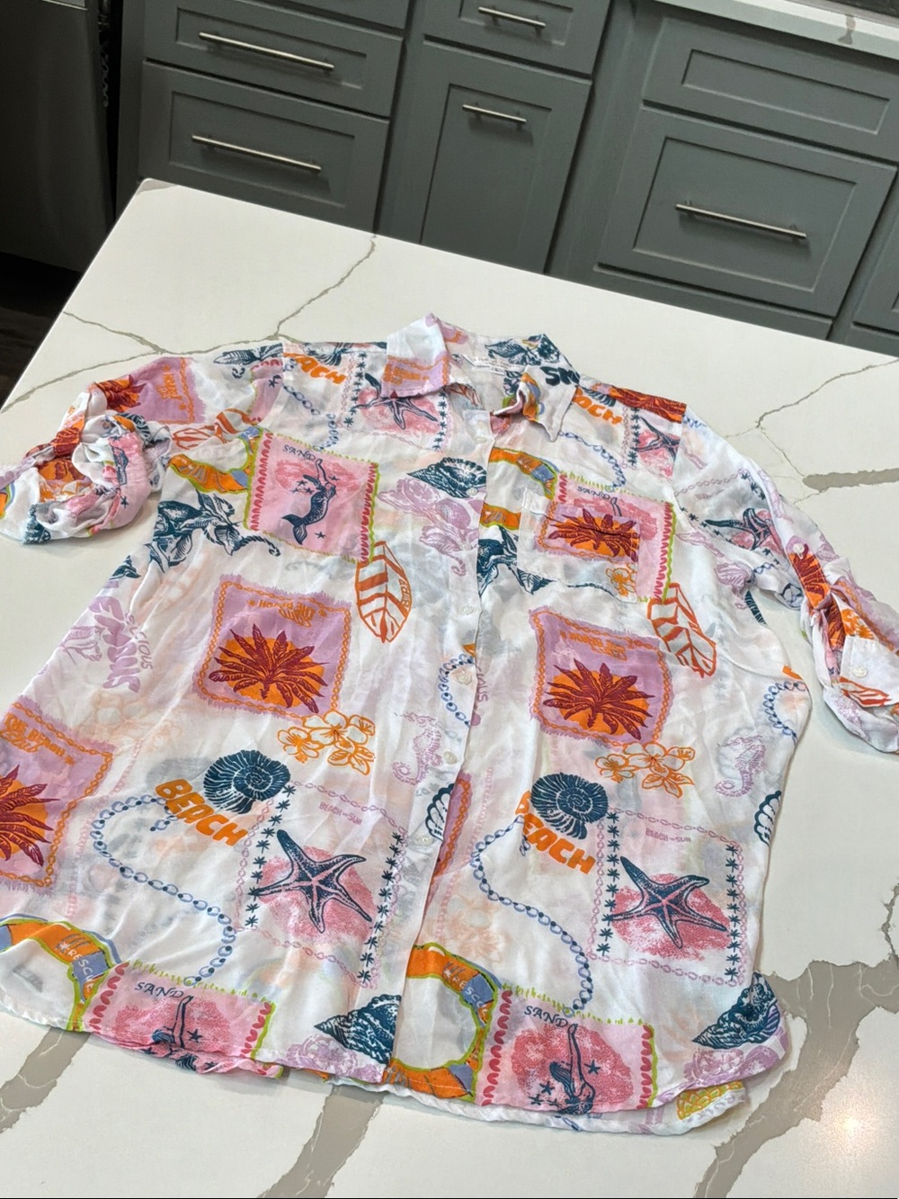Live 4 Truth Large Tropical Print Button-Up Shirt in White Pink & Orange Accents